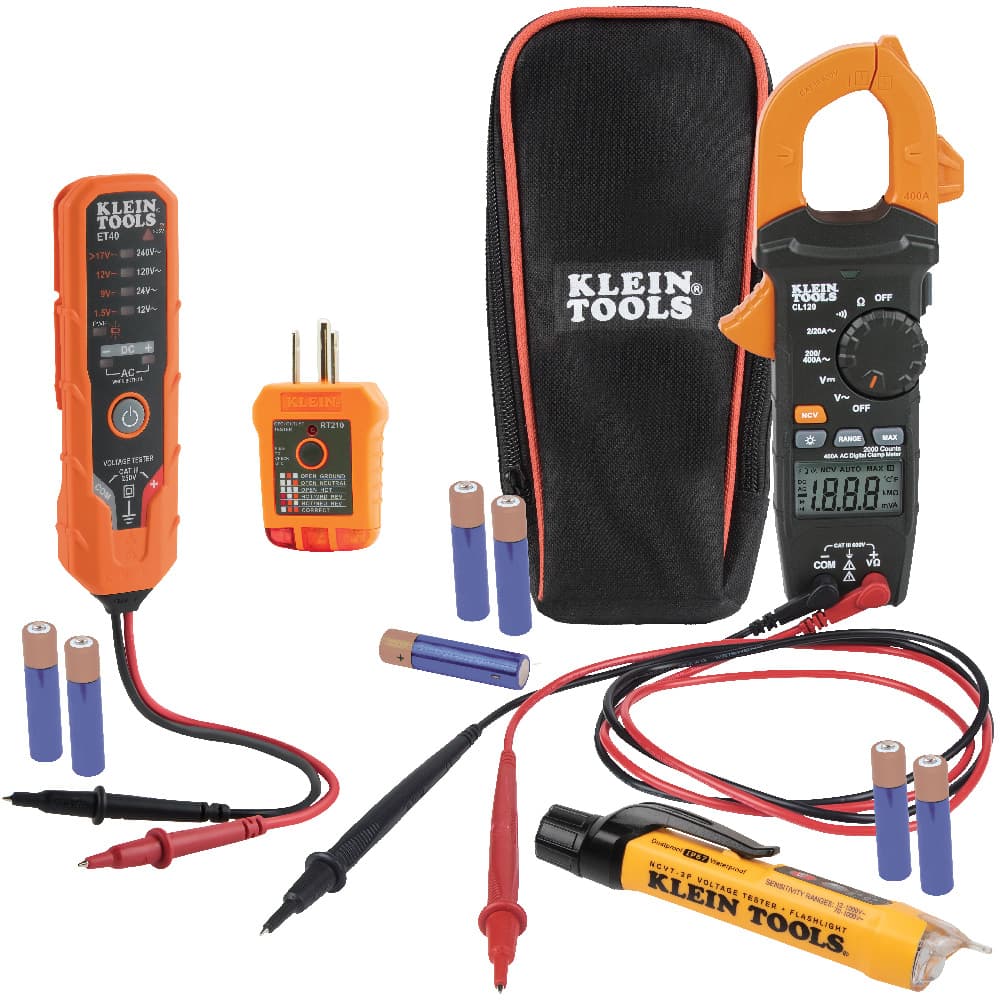 KIT AMPERIMETRO DE GANCHO + VERIFICADOR DE TOMAS + DETECTOR VOLTAJE SIN CONTACTO + PROBADOR DE VOLTAJE
